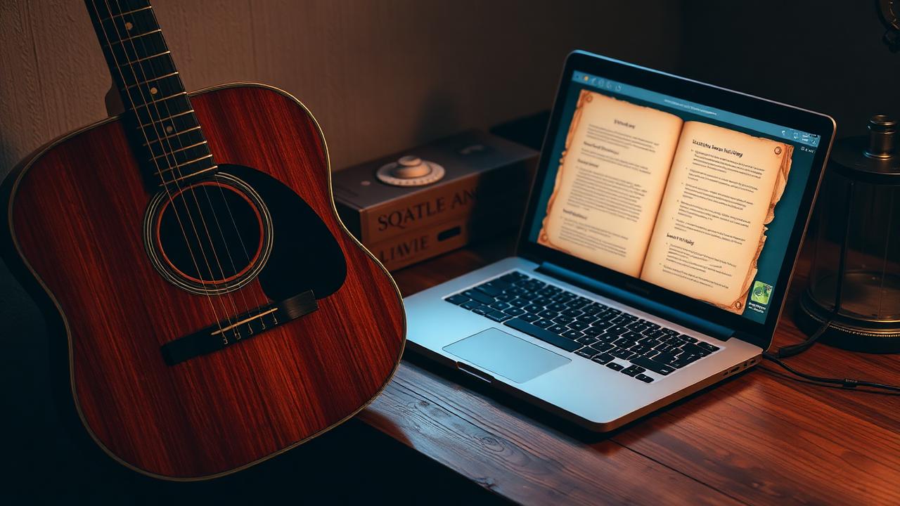A laptop showing a guitar recommendation screen next to an acoustic guitar on a stand