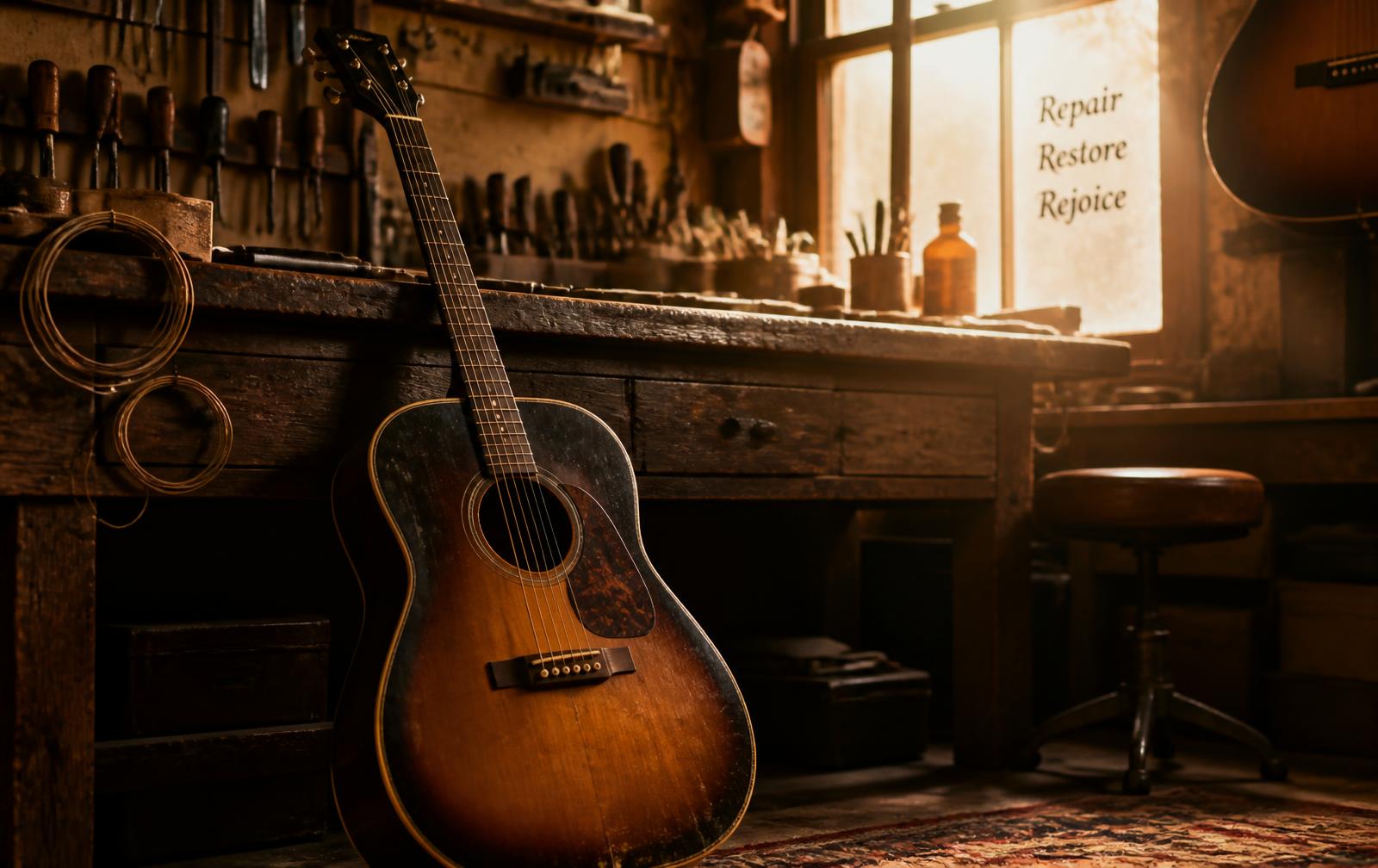 A vintage sunburst acoustic guitar leaning against a workbench in a warmly lit repair shop